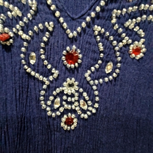 Cathy Daniels 1X 100% Viscose Beaded V Neck Ribbed Blouse Boho Embellished - Picture 5 of 8